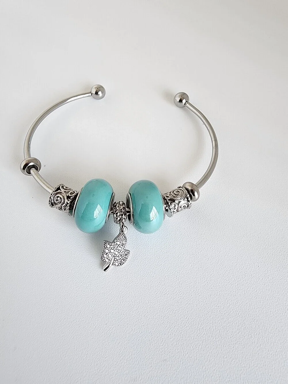 Silver Tone Charm Cuff Bracelet Turquoise Beads Butterfly Dangle Adjustable